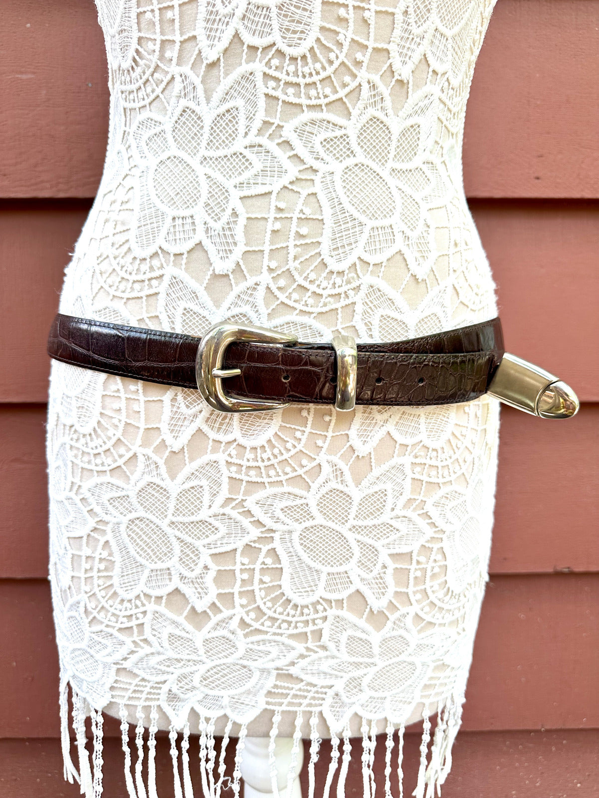 Dark Brown Crocodile Embossed Leather Belt with Silver Buckle
