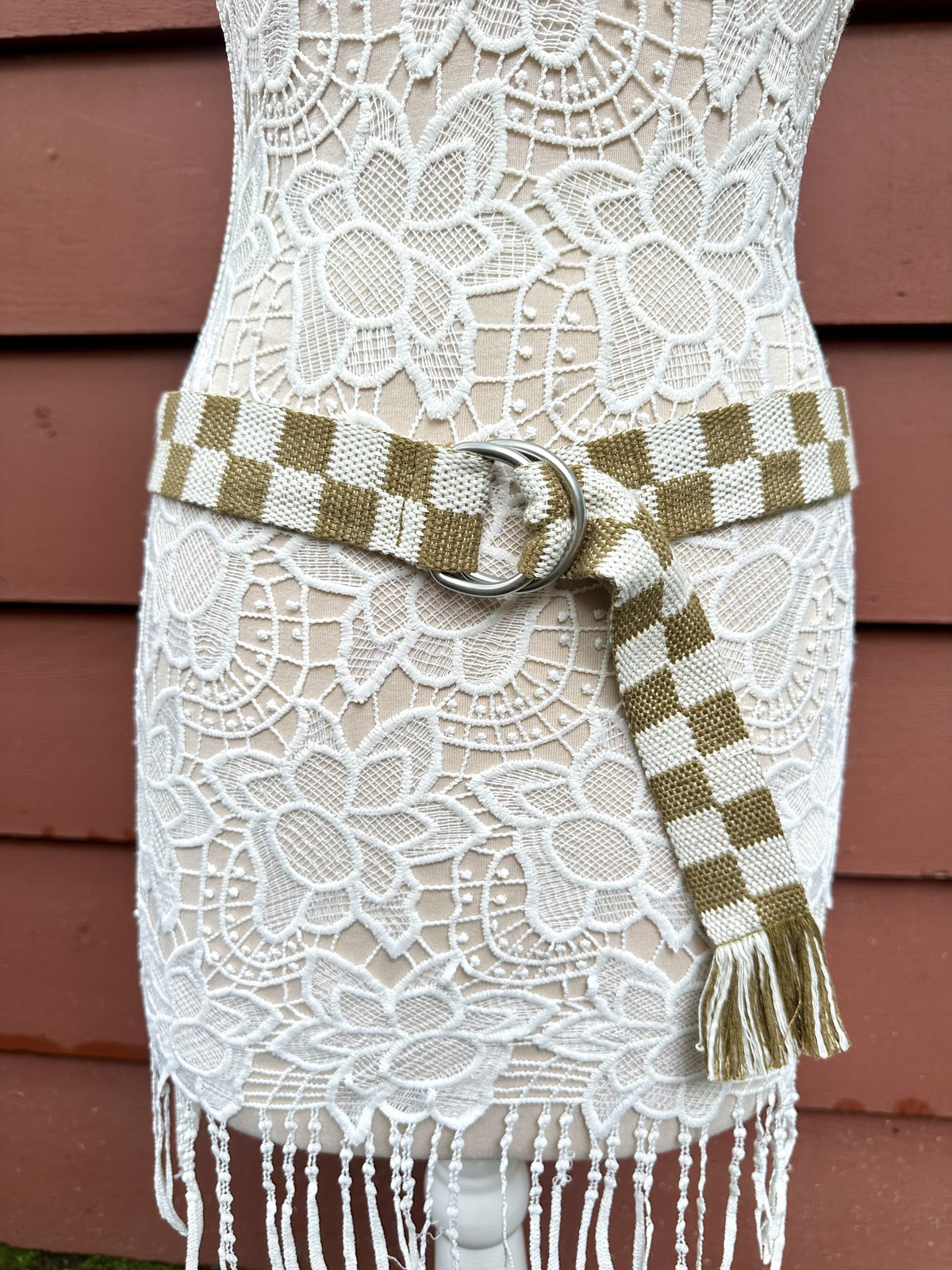 Checkered Woven Belt with Double Ring Buckle