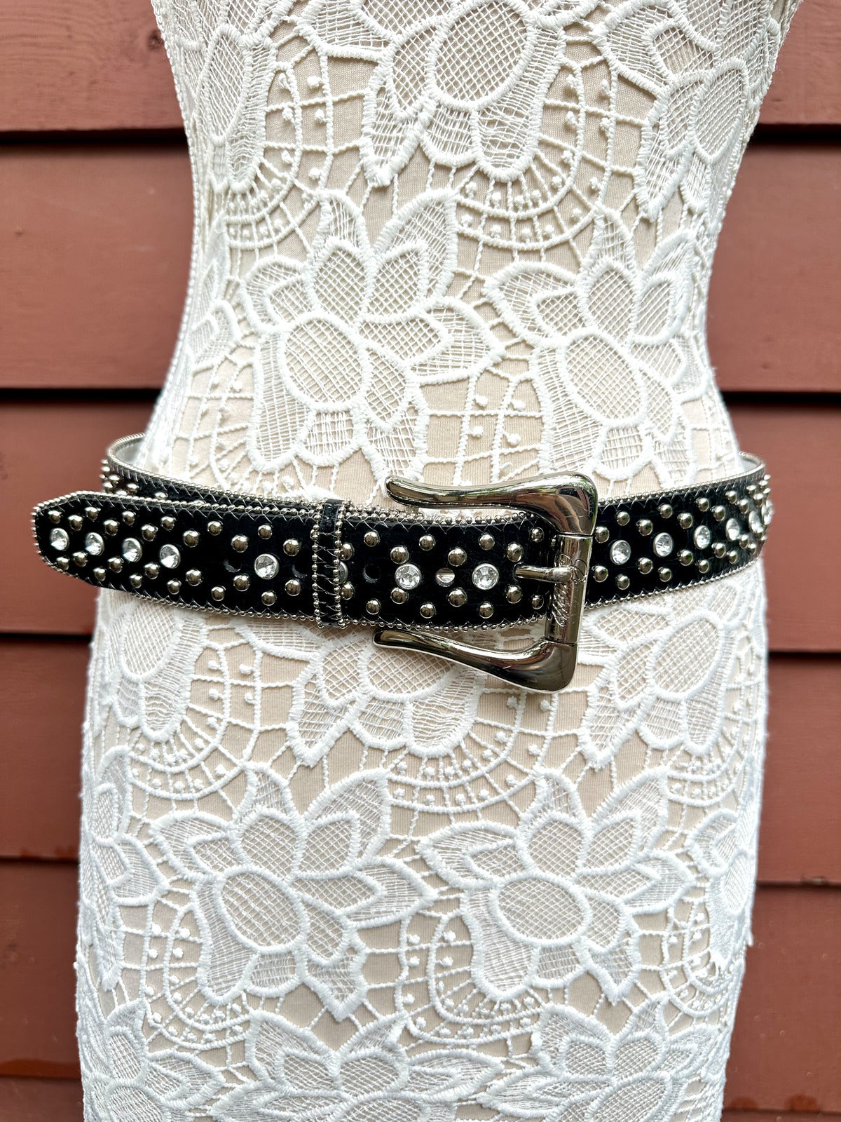 Guess Black Studded Belt with Crystal Accents