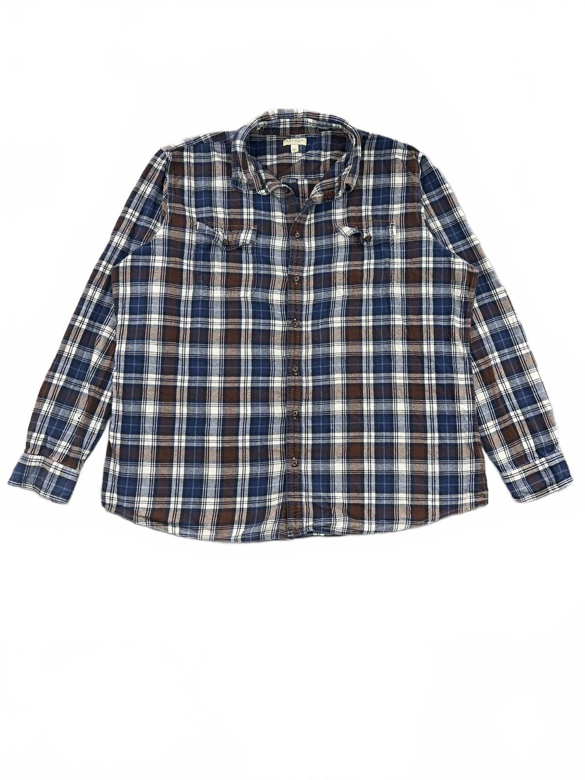 Sonoma Life + Style Plaid Button Up Shirt in Navy Blue Brown Cream Casual Boho