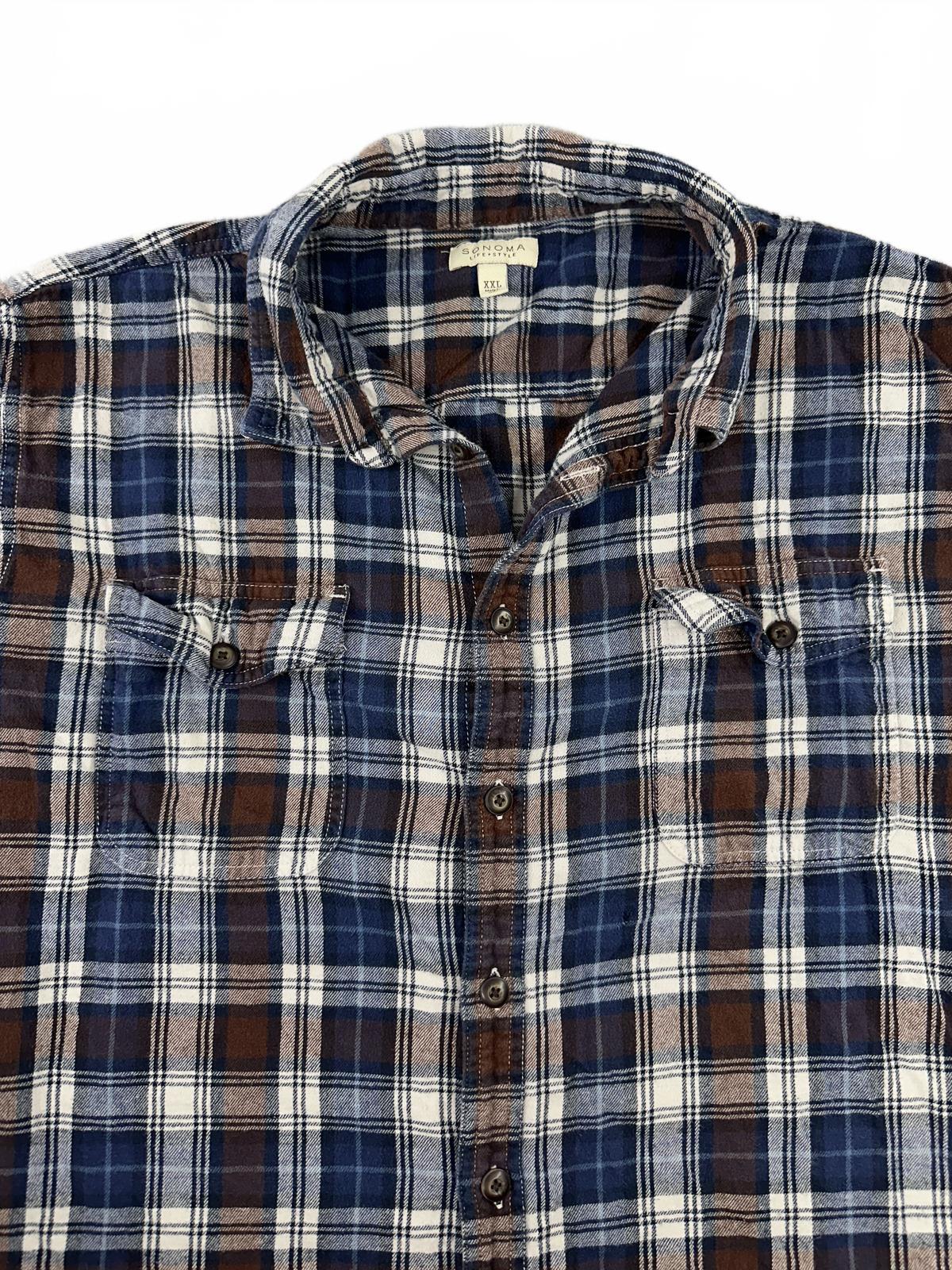 Sonoma Life + Style Plaid Button Up Shirt in Navy Blue Brown Cream Casual Boho