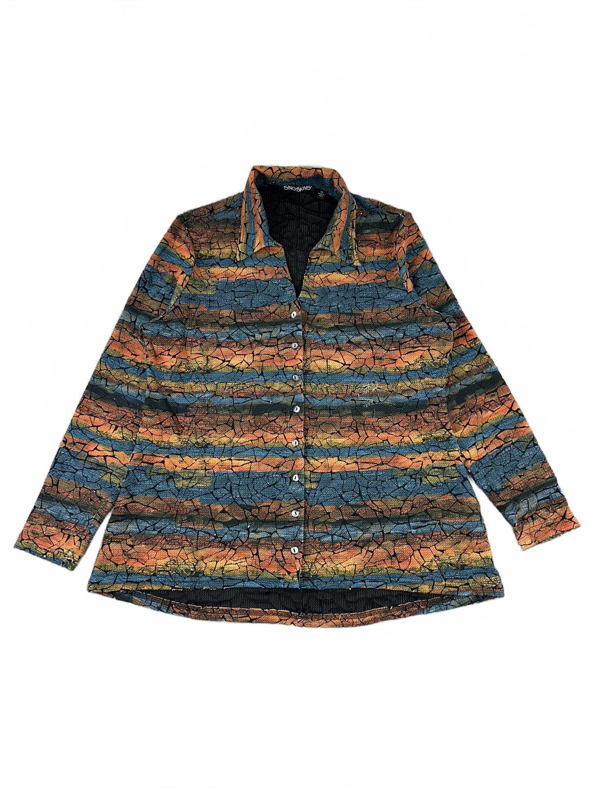 Snoskins Printed Crinkle Long Sleeve Button Up Shirt Retro Y2K Indie