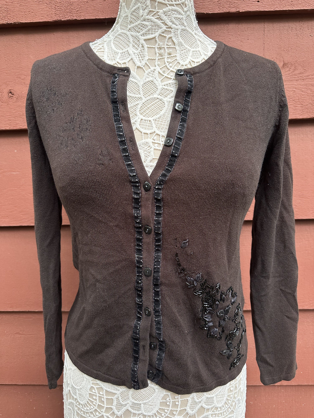 Covington Brown and Black Y2K Sequin Beaded Cardigan Sweater