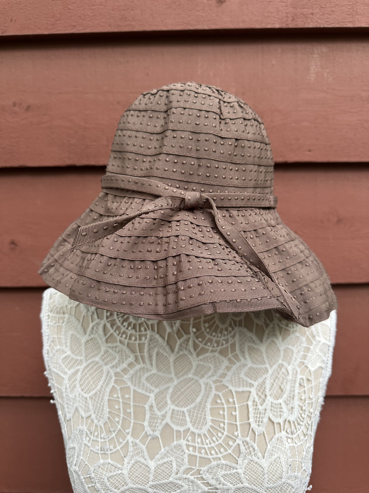 Brown Textured Bucket Hat with Tie Detail