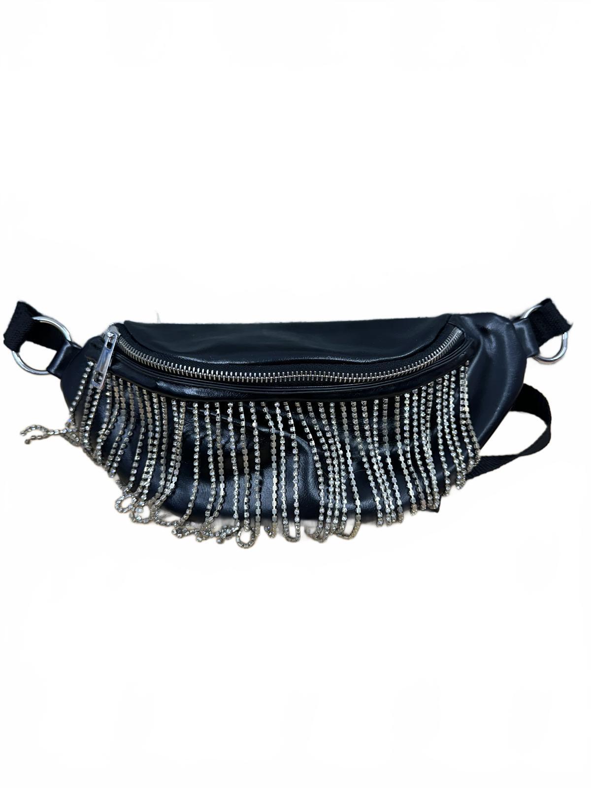 Wild Fable Black Faux Leather Rhinestone Fringe Belt Bag