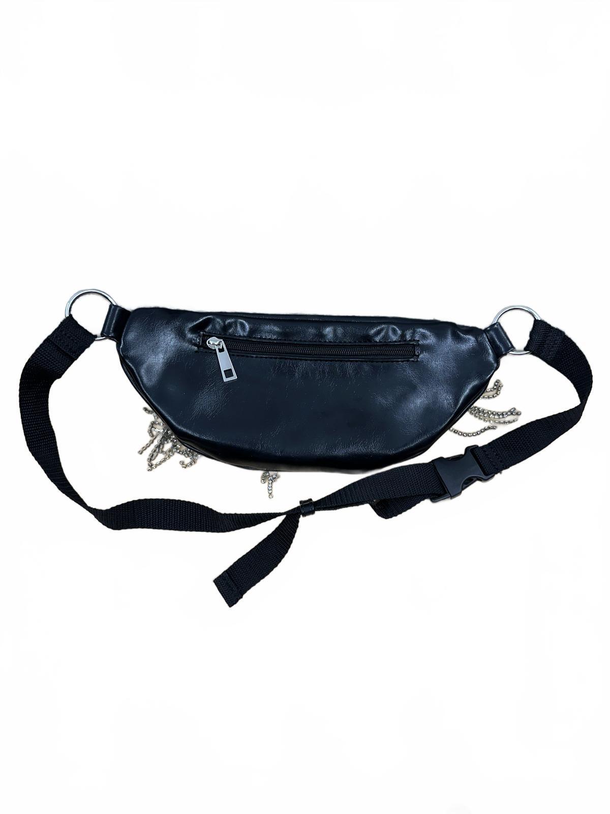 Wild Fable Black Faux Leather Rhinestone Fringe Belt Bag