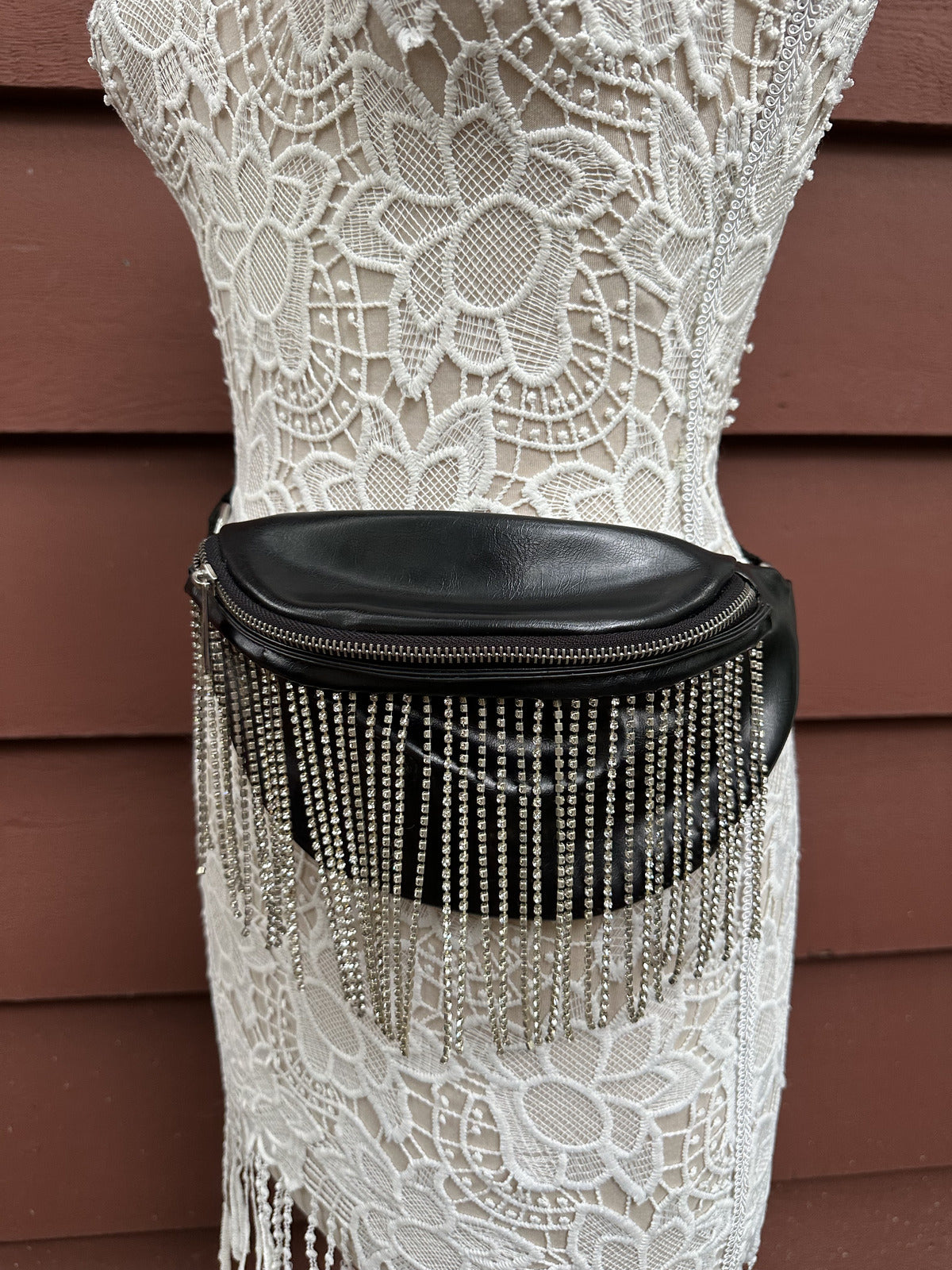 Wild Fable Black Faux Leather Rhinestone Fringe Belt Bag
