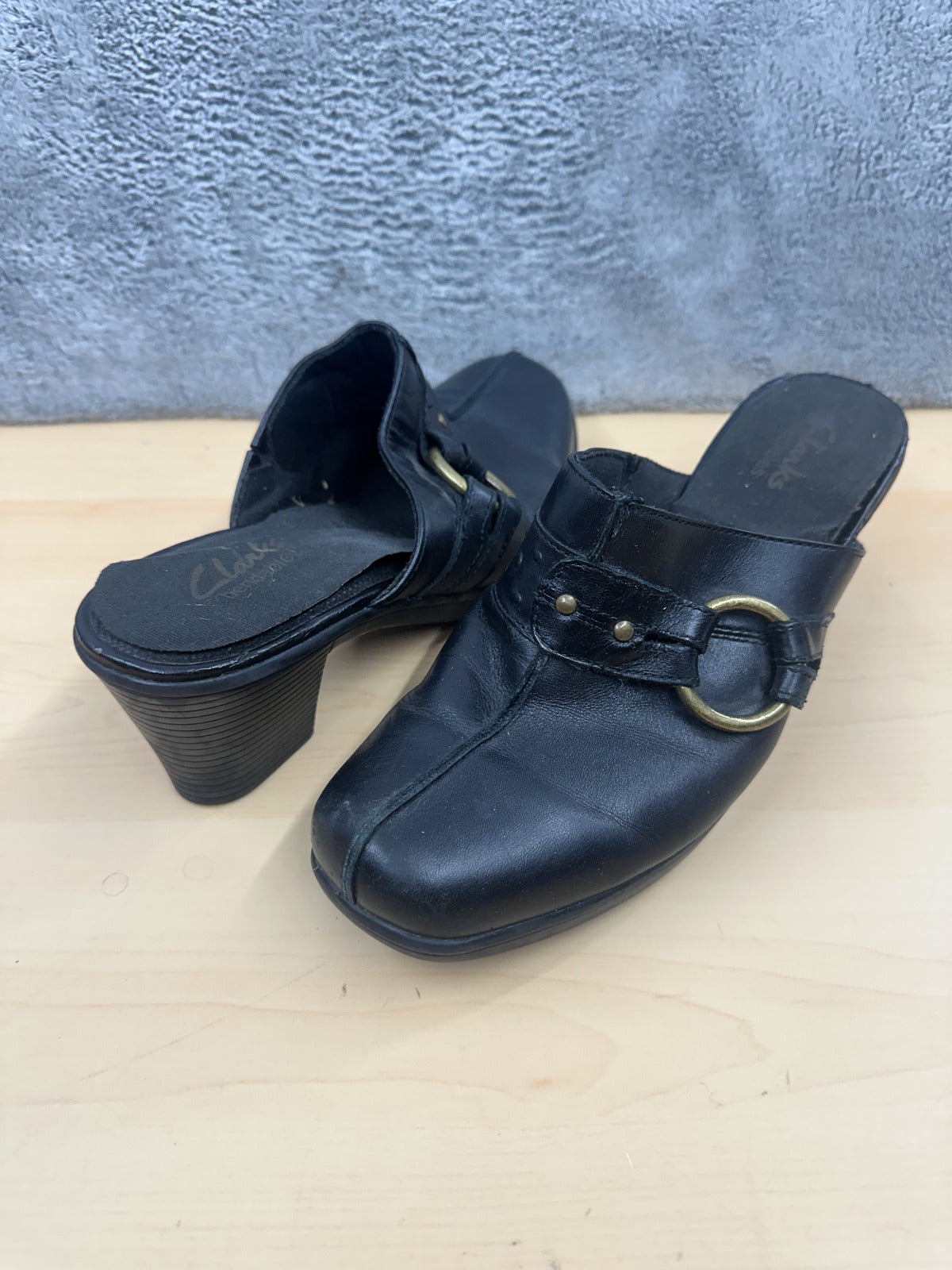 Clarks Black Leather Mules with Block Heel Gold Buckle Detail Classic