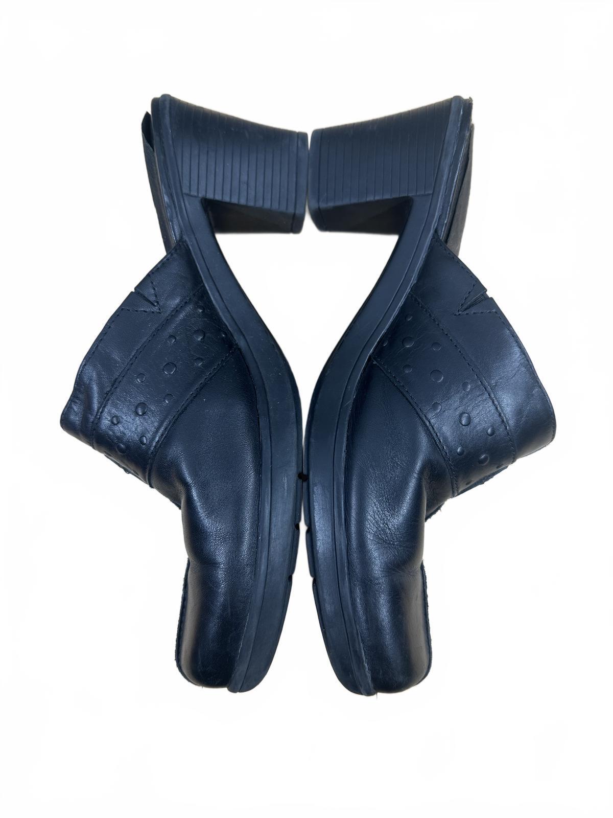 Clarks Black Leather Mules with Block Heel Gold Buckle Detail Classic