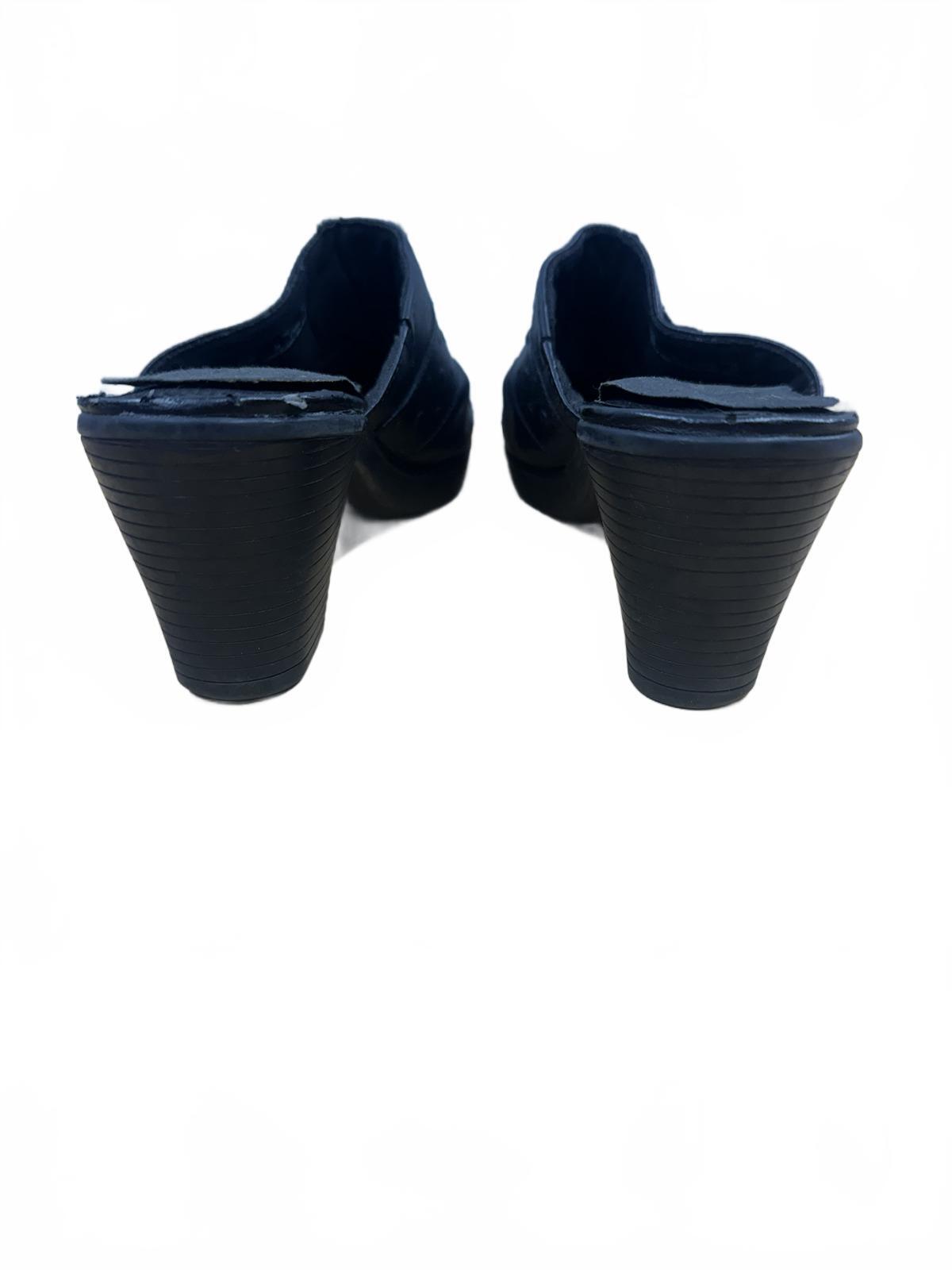 Clarks Black Leather Mules with Block Heel Gold Buckle Detail Classic