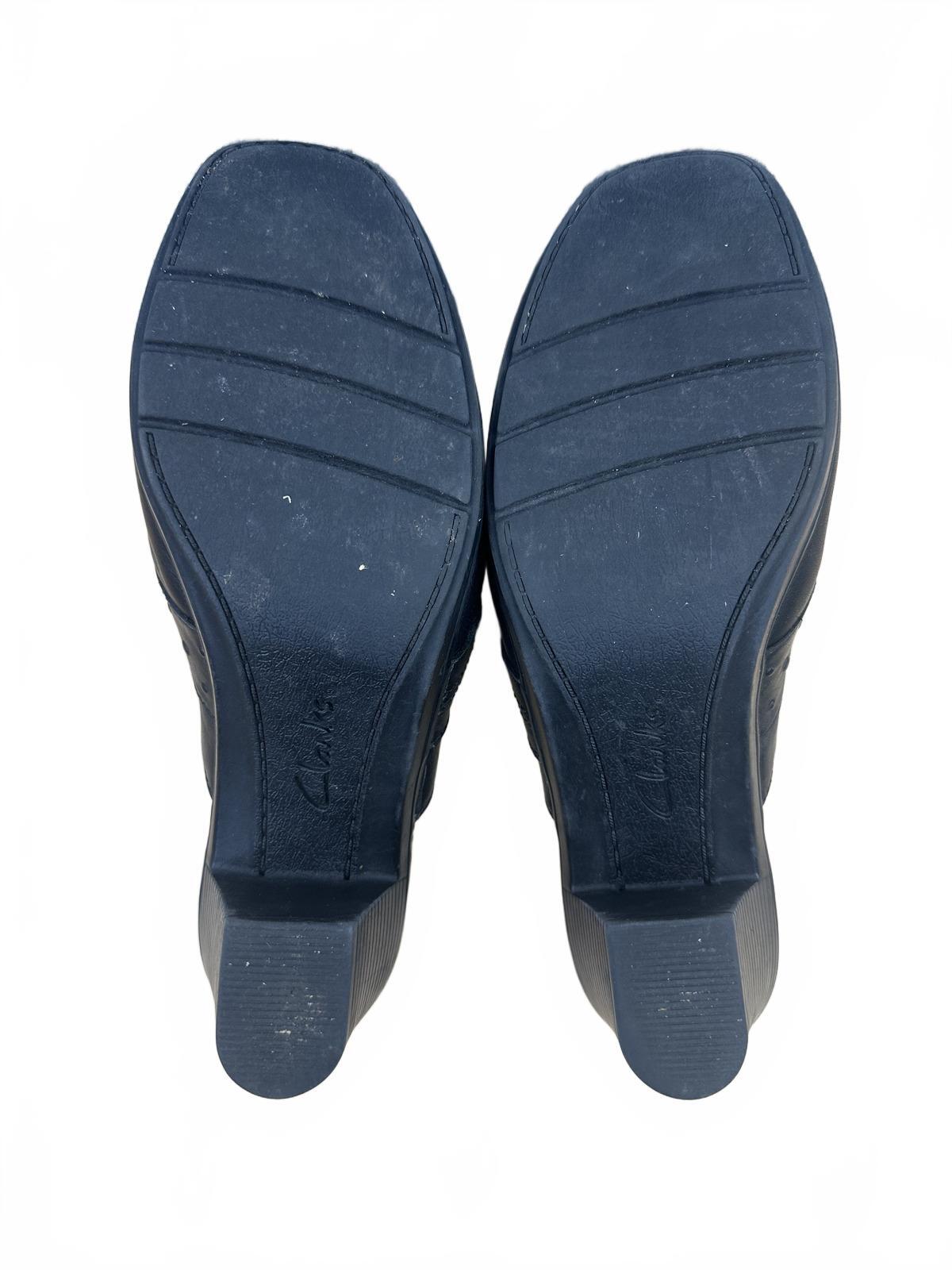 Clarks Black Leather Mules with Block Heel Gold Buckle Detail Classic