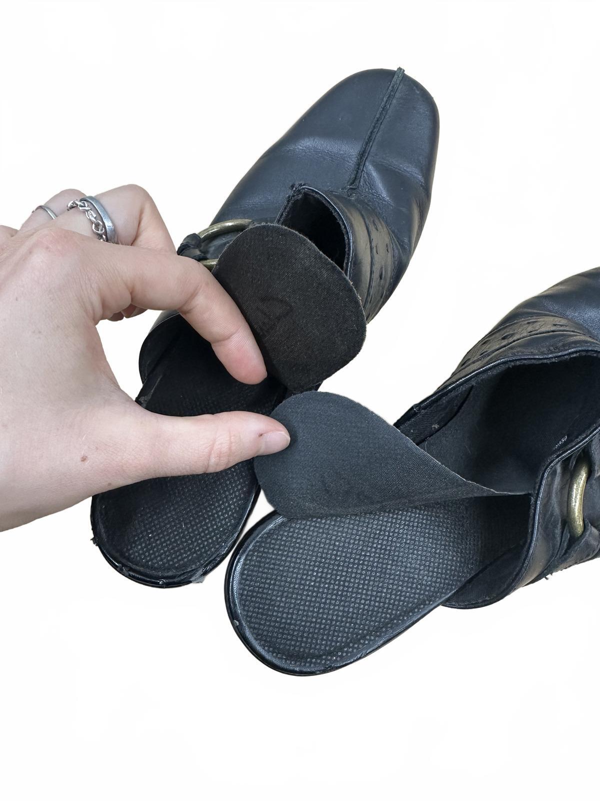 Clarks Black Leather Mules with Block Heel Gold Buckle Detail Classic