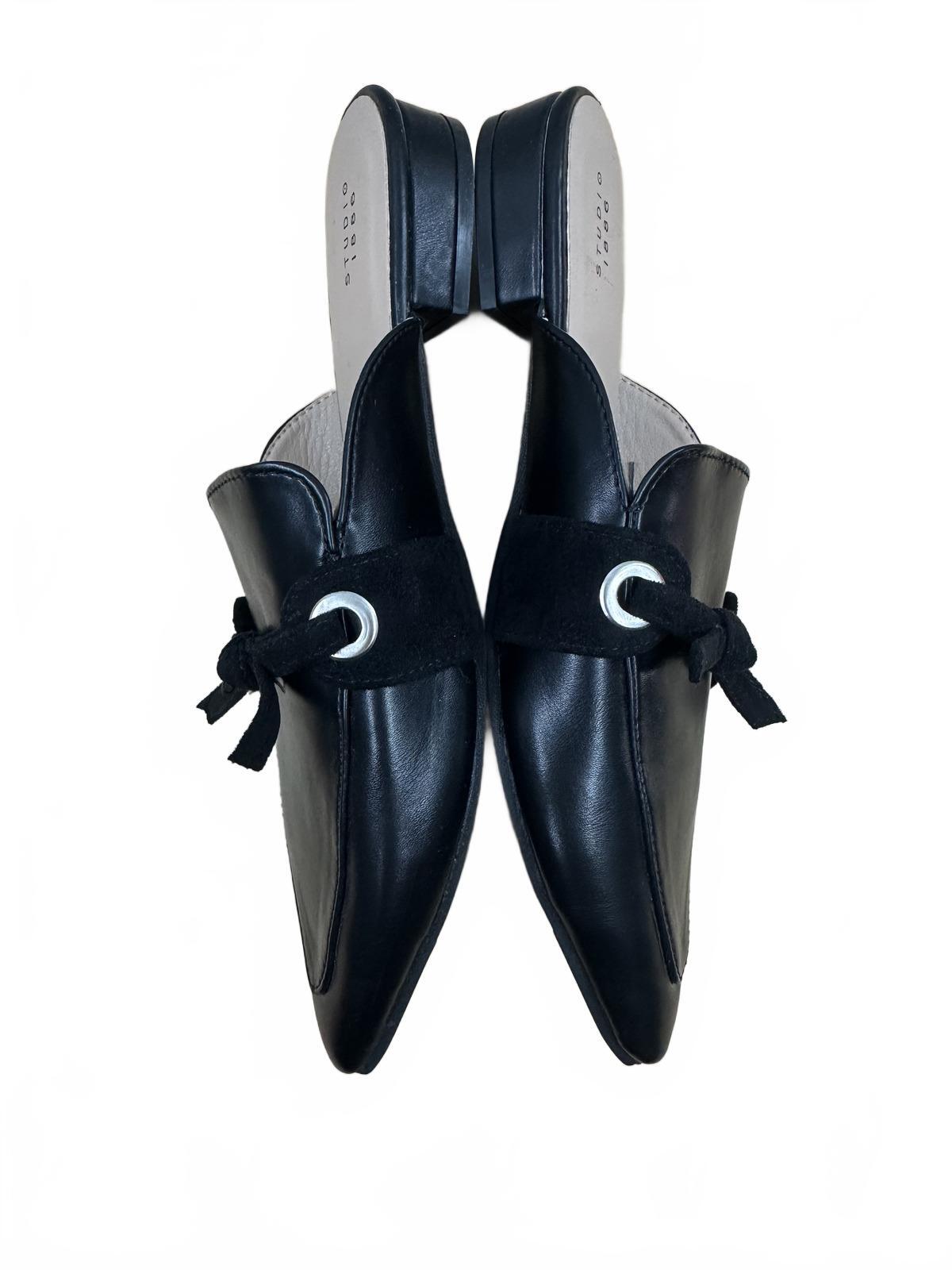 Studio 1886 Black Leather and Suede Slip On Mules with Bow Accent