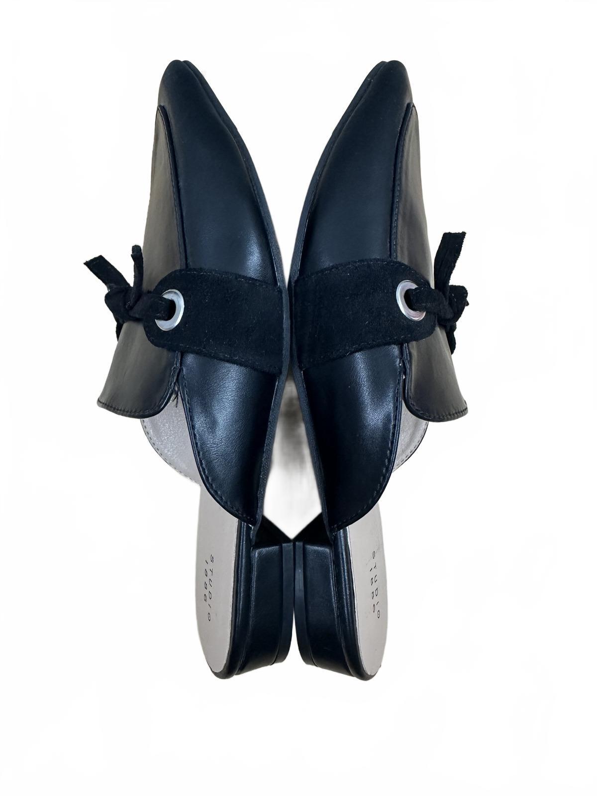 Studio 1886 Black Leather and Suede Slip On Mules with Bow Accent
