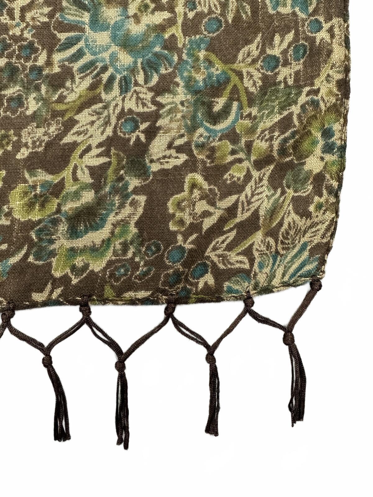 Vintage Inspired Floral Pattern Brown Scarf with Tassels