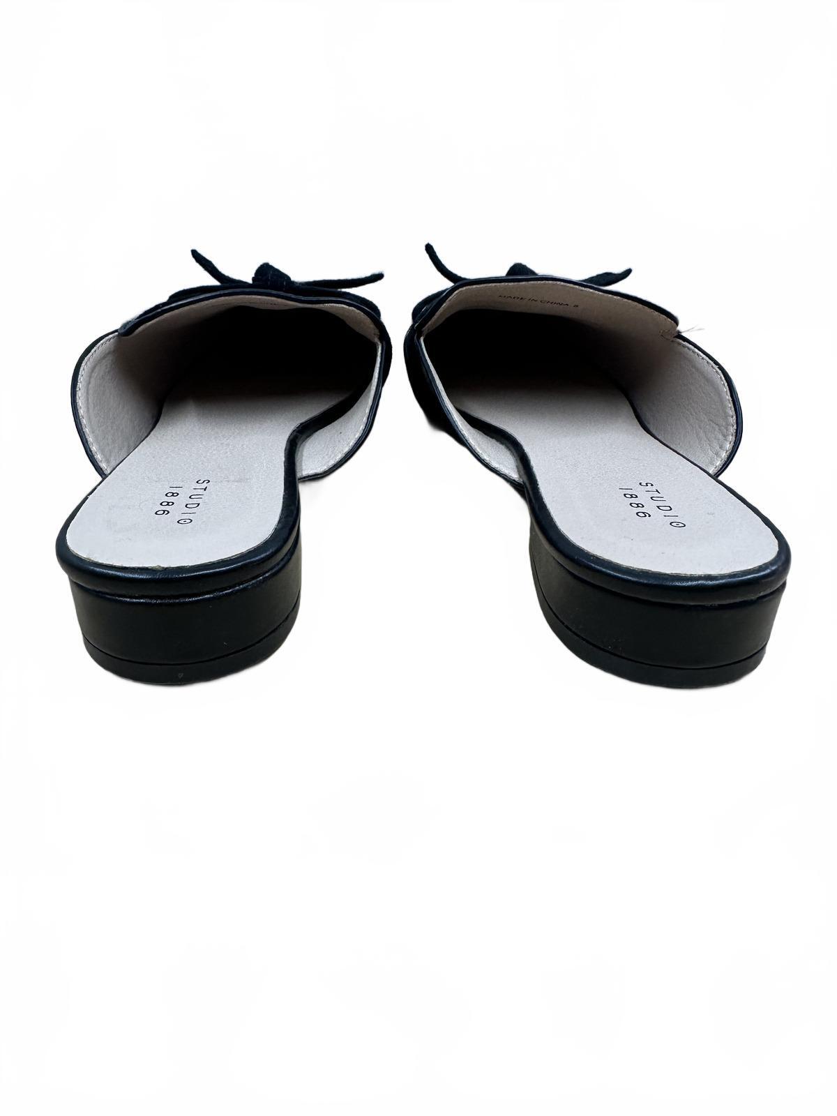 Studio 1886 Black Leather and Suede Slip On Mules with Bow Accent