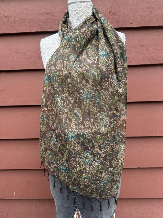 Vintage Inspired Floral Pattern Brown Scarf with Tassels