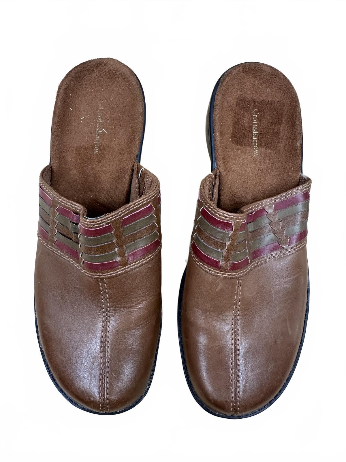 Croft & Barrow Brown Leather Slip On Mules with Burgundy and Olive Woven