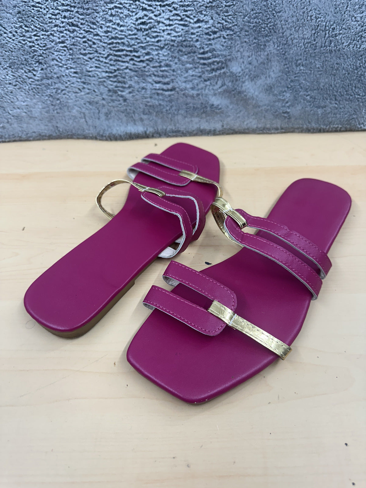 Purple and Gold Strappy Sandals Contemporary Summer Resortwear Slides
