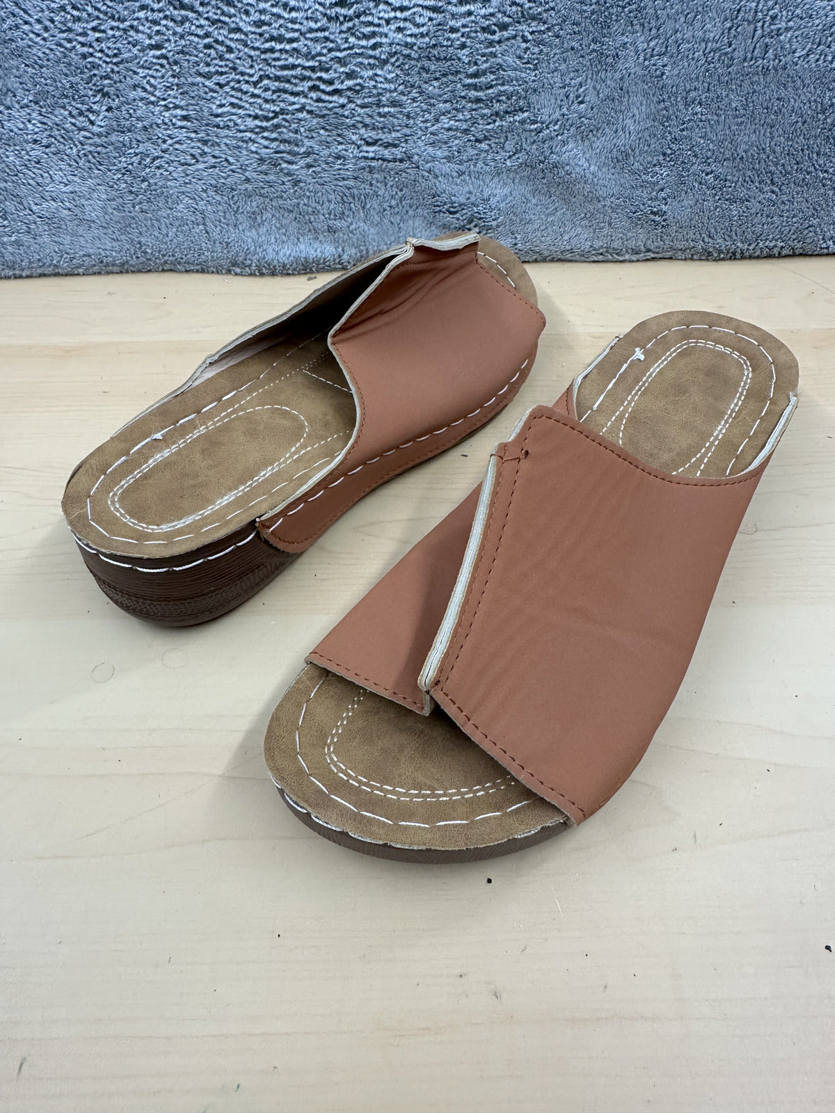 Comfort Slide Sandals Brown Faux Leather Casual Slip On Summer Footwear