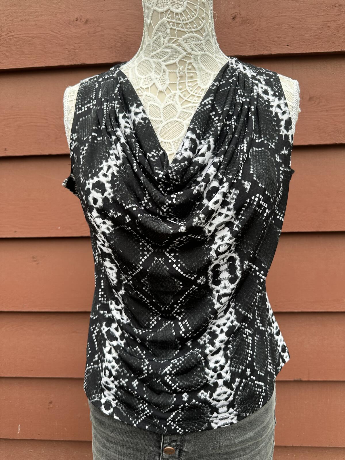 Calvin Klein Black and White Snake Print Cowl Neck Tank Top