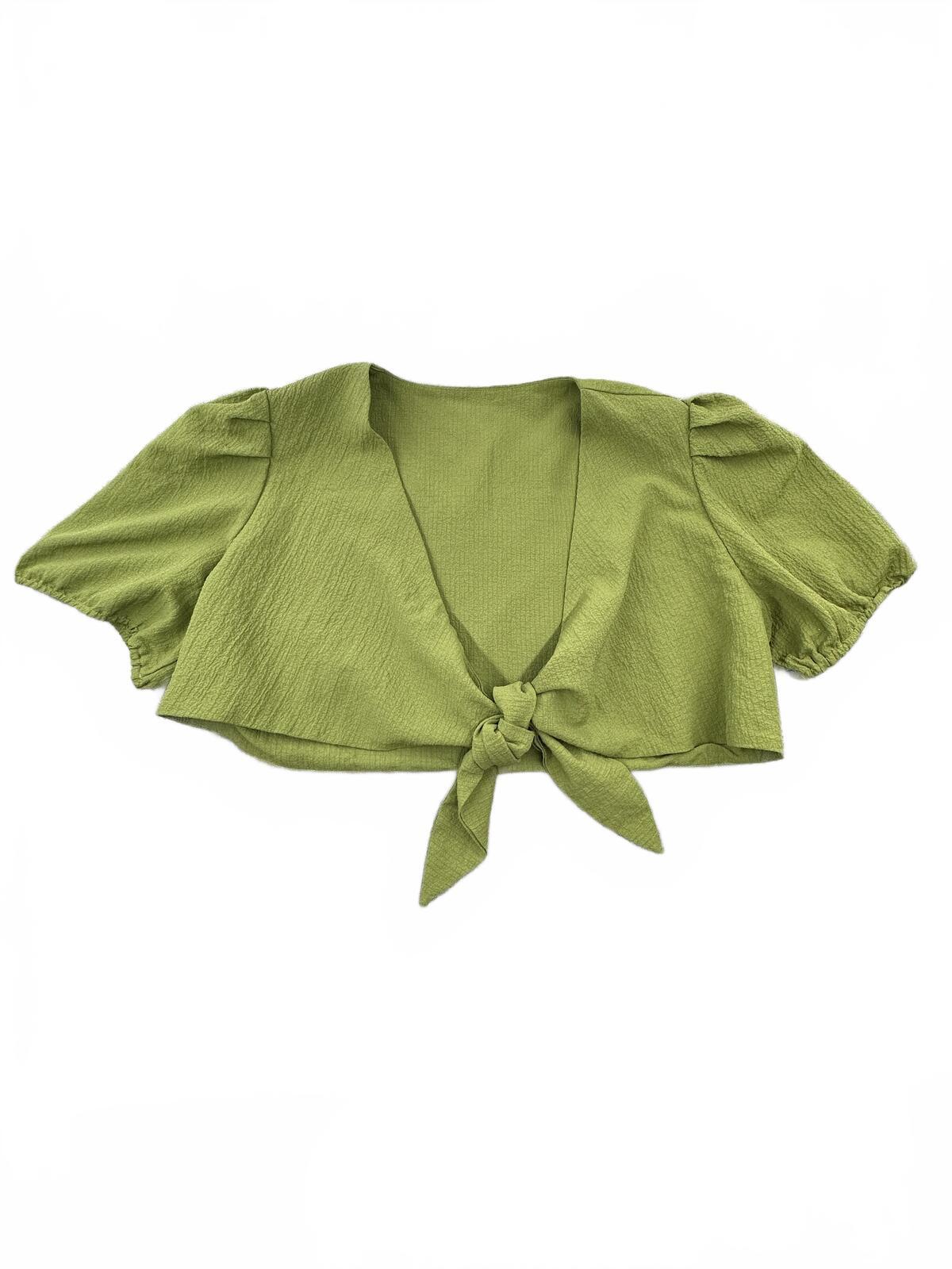 Shein Curve Brand Light Green Puff Sleeve Tie Front Crop Top