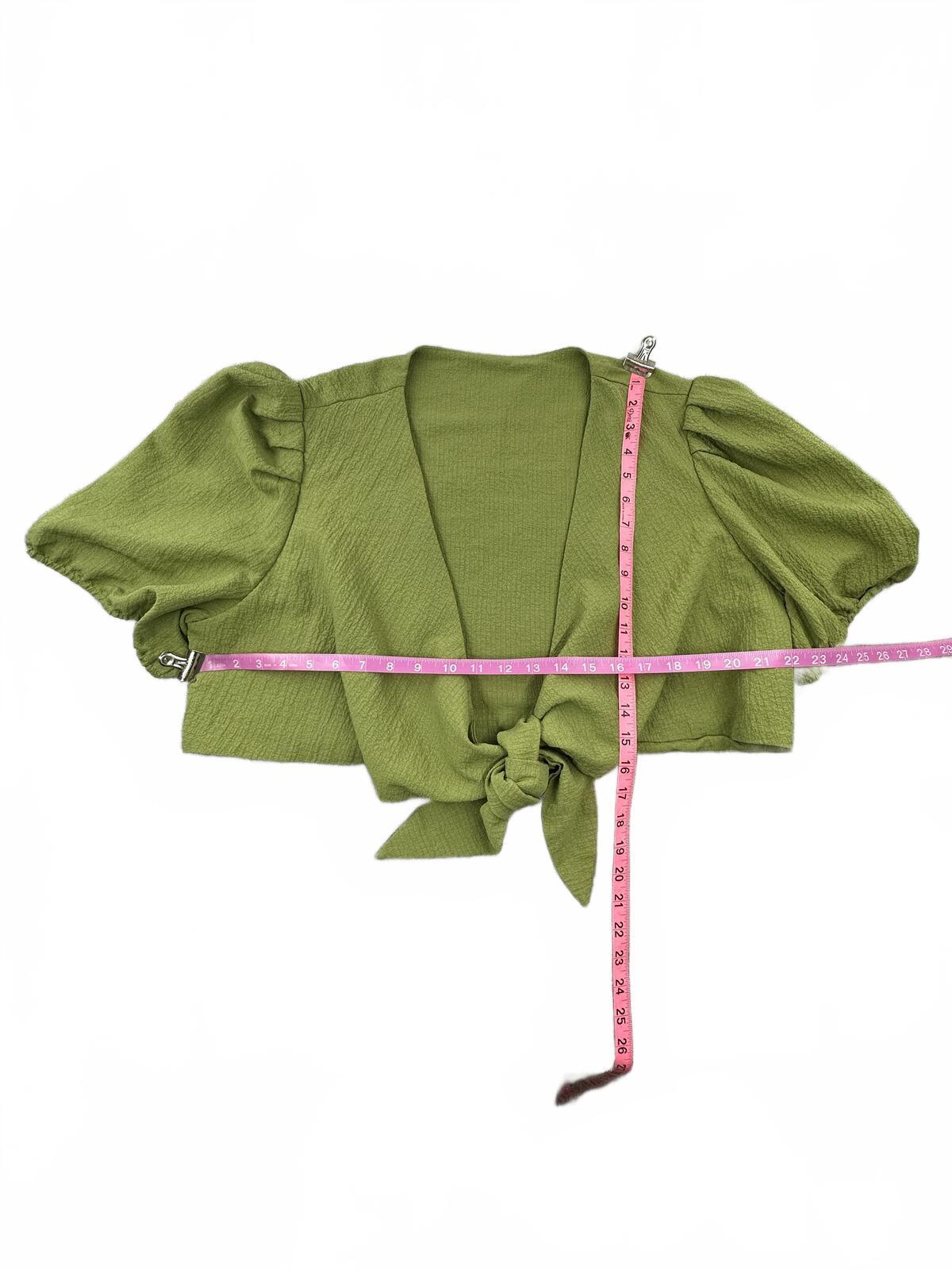 Shein Curve Brand Light Green Puff Sleeve Tie Front Crop Top