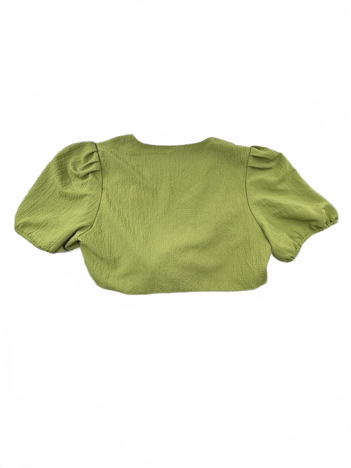 Shein Curve Brand Light Green Puff Sleeve Tie Front Crop Top