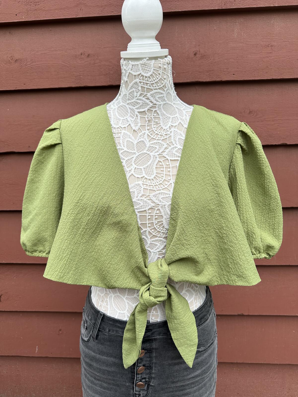 Shein Curve Brand Light Green Puff Sleeve Tie Front Crop Top