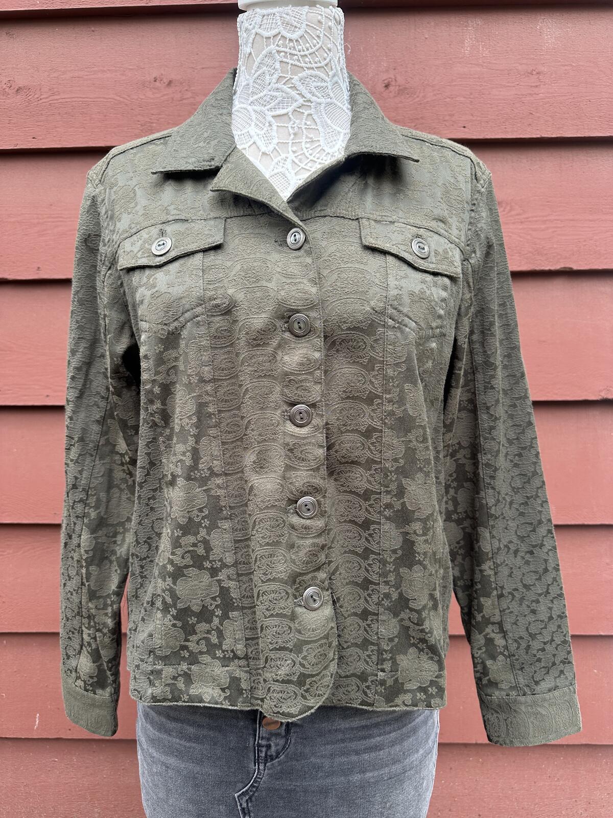 Olive Green Lace Textured Button Up Jacket