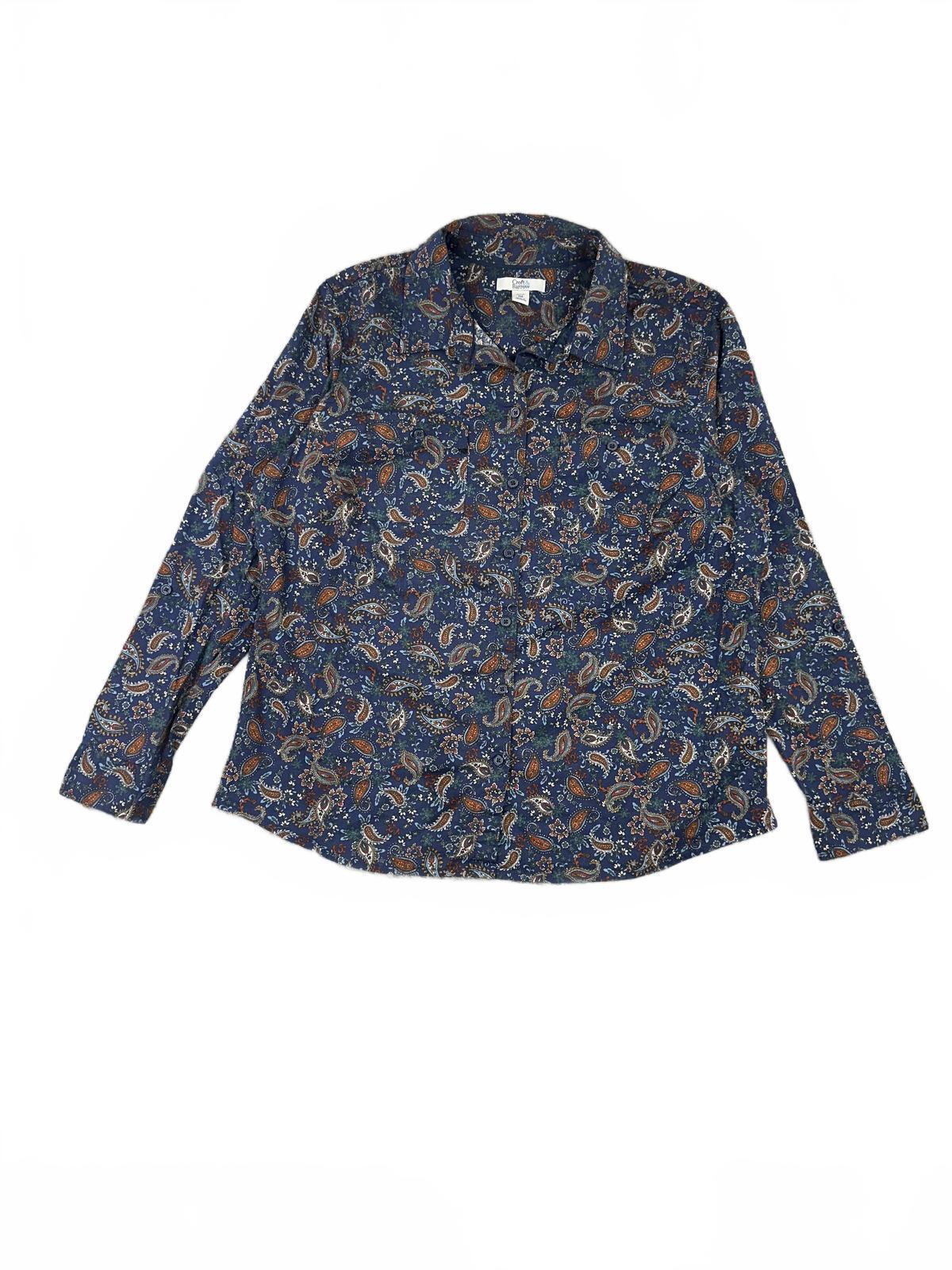 Croft & Barrow Blue Paisley Print Button Up Blouse Bohemian Retro Preppy Style