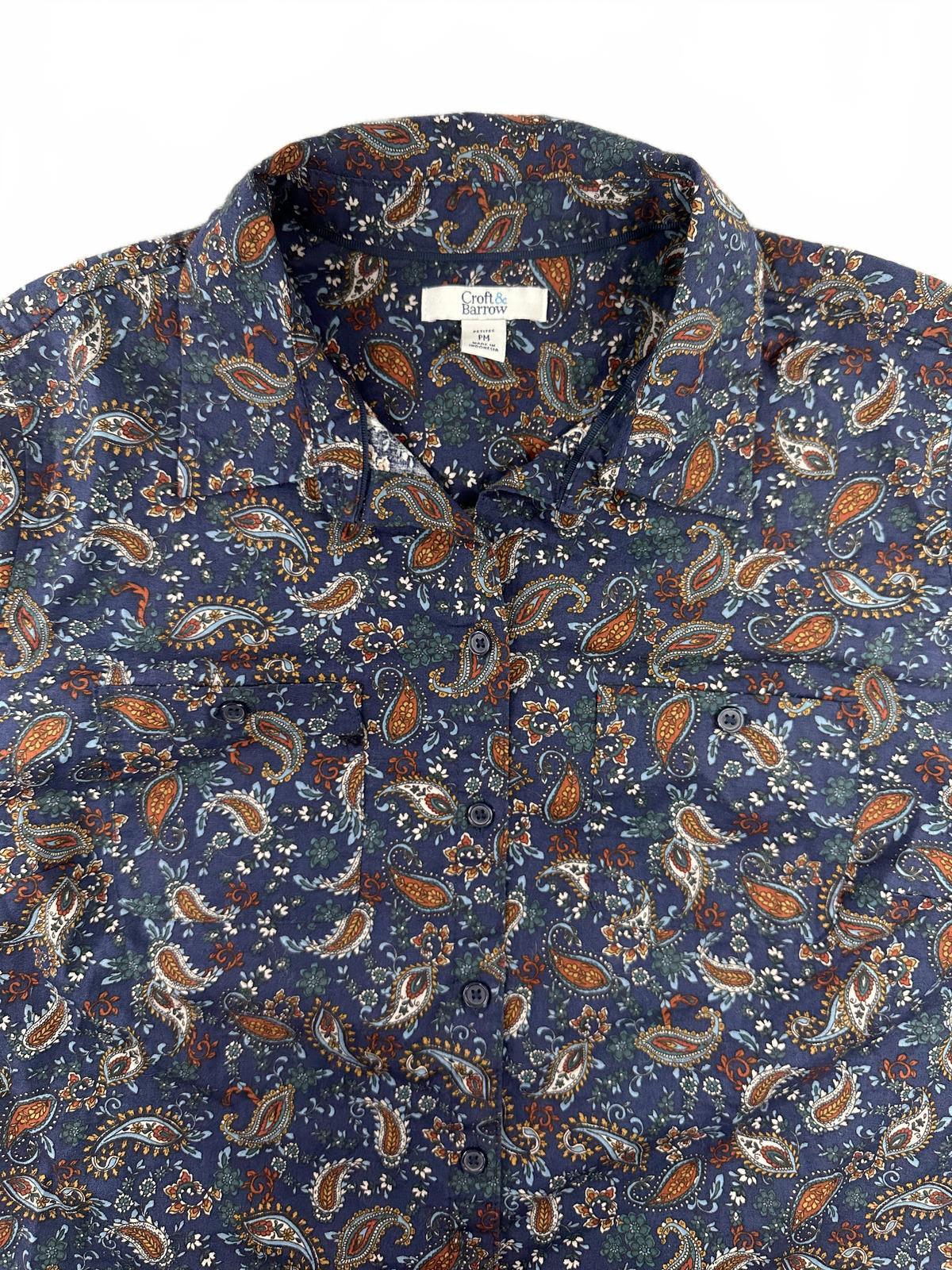 Croft & Barrow Blue Paisley Print Button Up Blouse Bohemian Retro Preppy Style