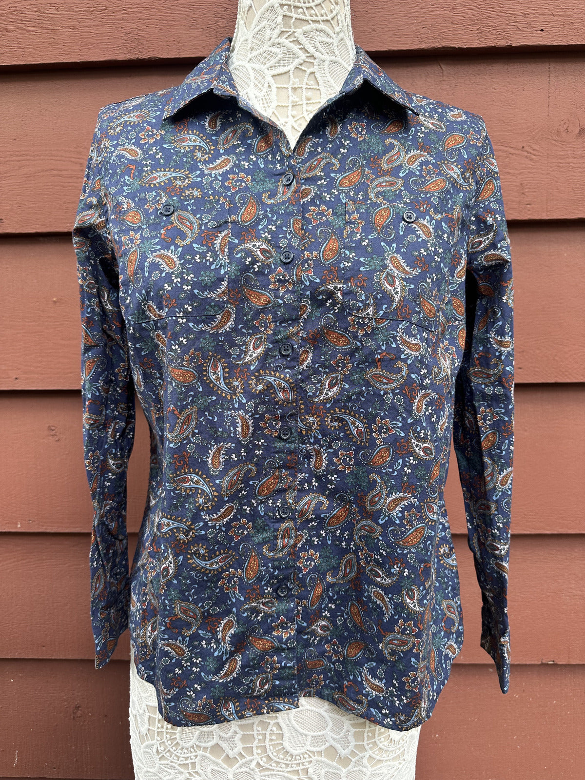 Croft & Barrow Blue Paisley Print Button Up Blouse Bohemian Retro Preppy Style