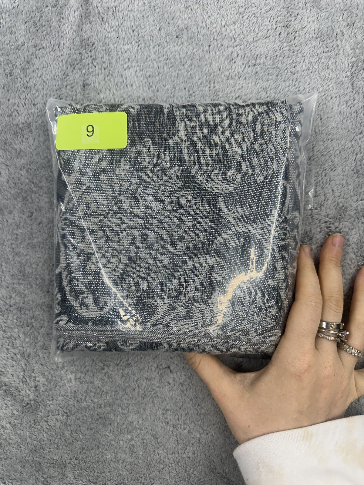 Gray Damask Pattern Scarf with Fringe