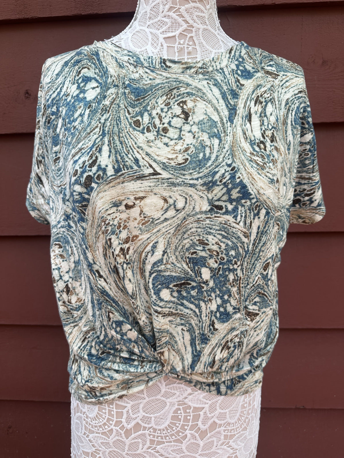 Y2K Psychedelic Liverpool Los Angeles Teal Marbled Swirl Twist Front Tee