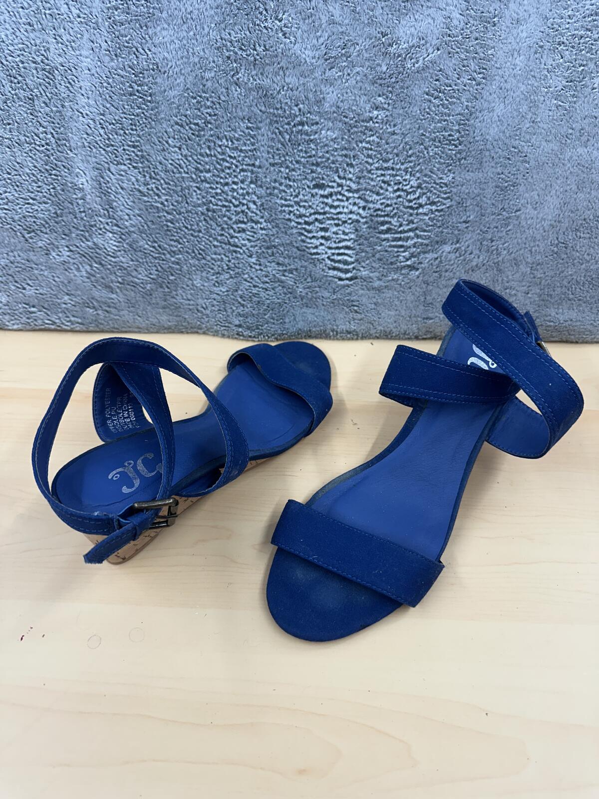J.C. Blue Suede Wedge Sandals with Cork Heel Casual Summer