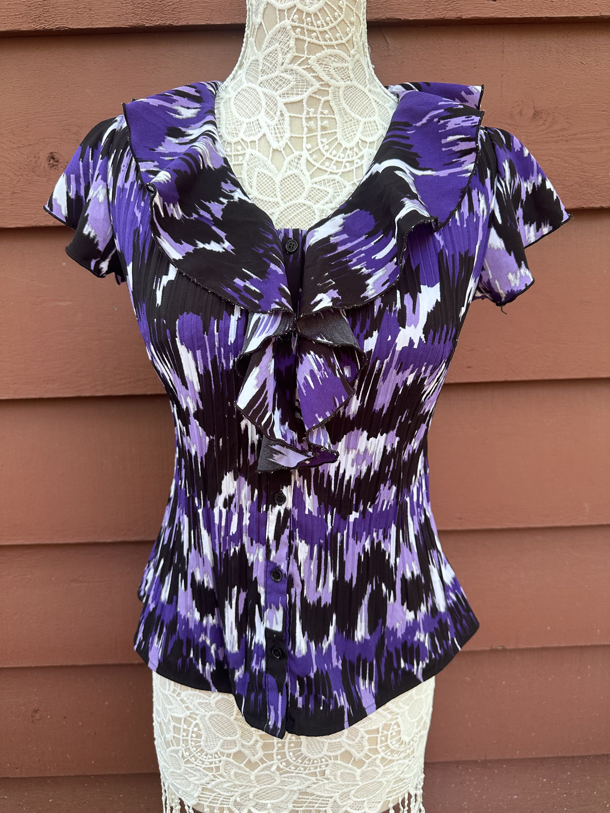 Y2K Abstract Print Ruffled Short Sleeve Blouse