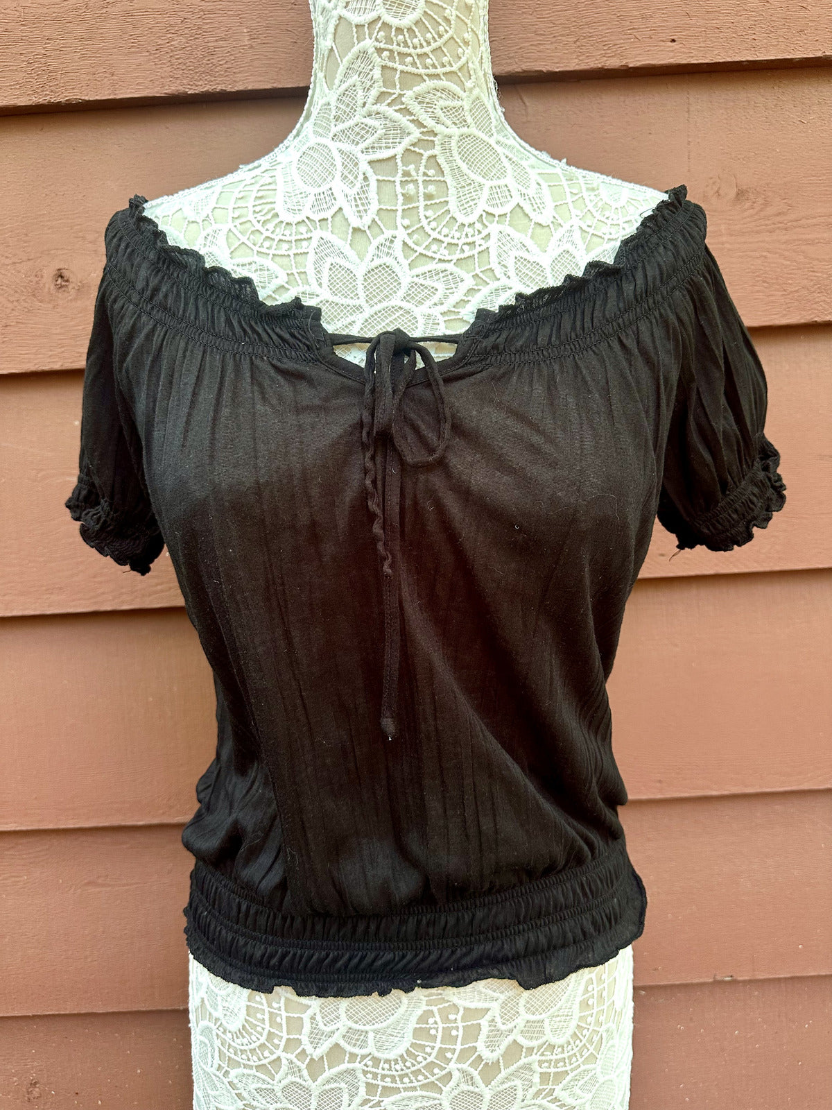 Belle Du Jour Black Off The Shoulder Smocked Waist Peasant Top Bohemian Y2K
