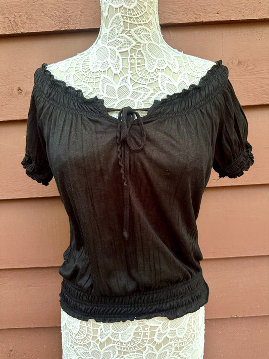 Belle Du Jour Black Off The Shoulder Smocked Waist Peasant Top Bohemian Y2K