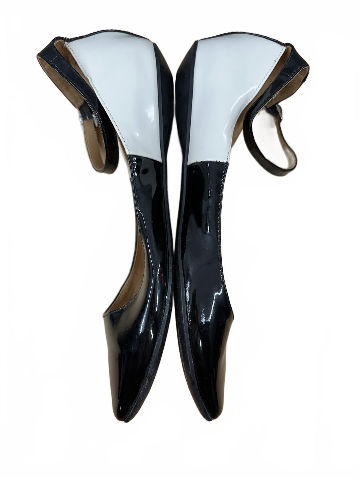 BCBG Patent Leather Colorblock Flats Black White Ankle Strap Minimalist