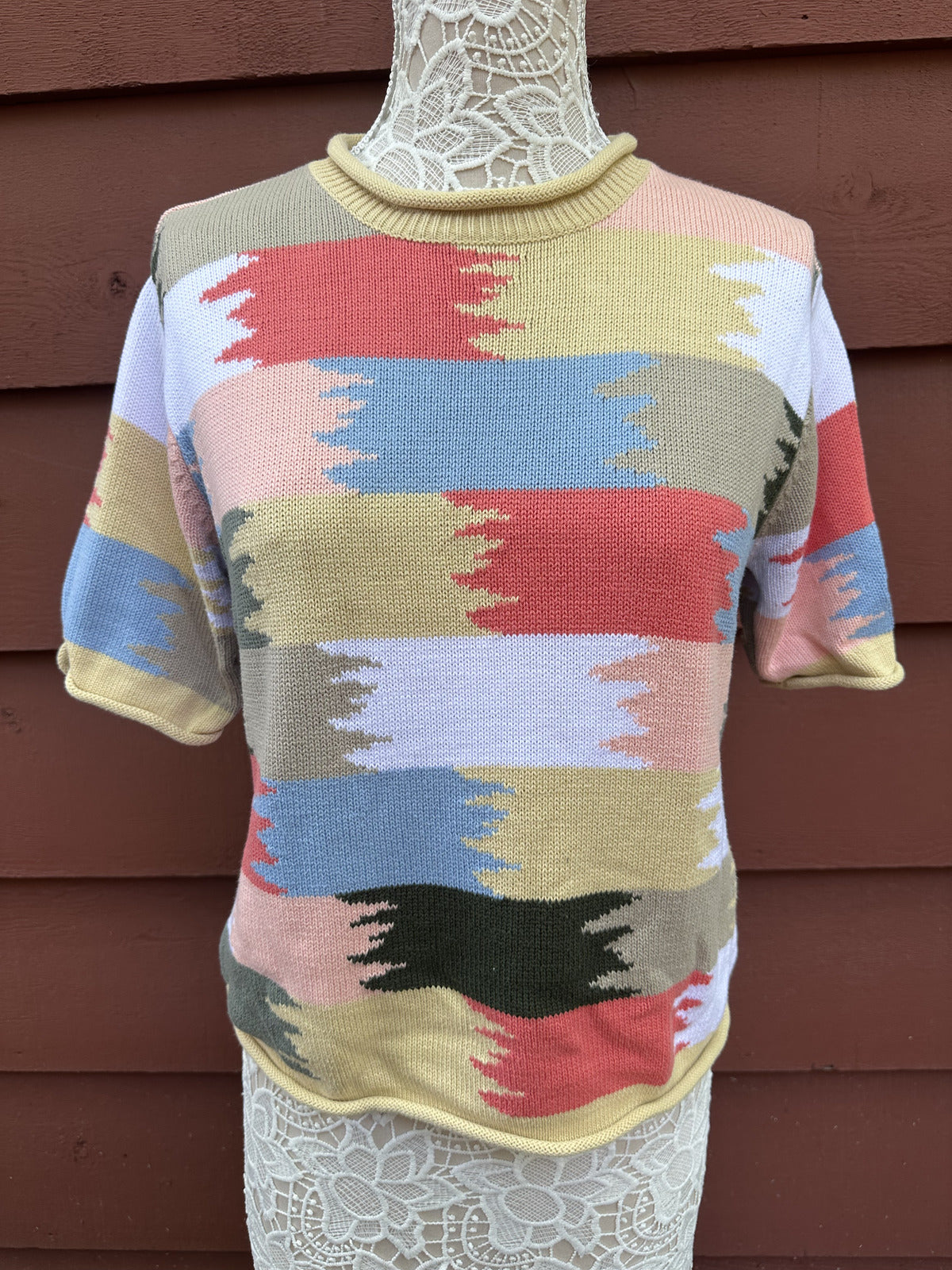 Christopher & Banks Multi Color Abstract Block Pattern Short Sleeve Sweater