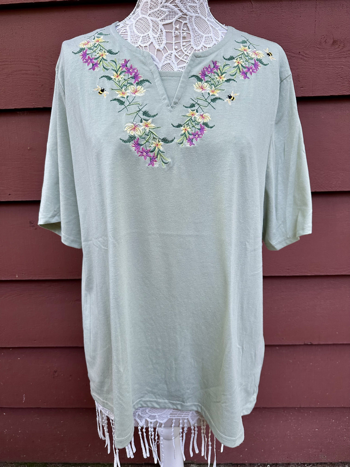 NWT Liberty Lane Sage Green Floral Embroidered T Shirt