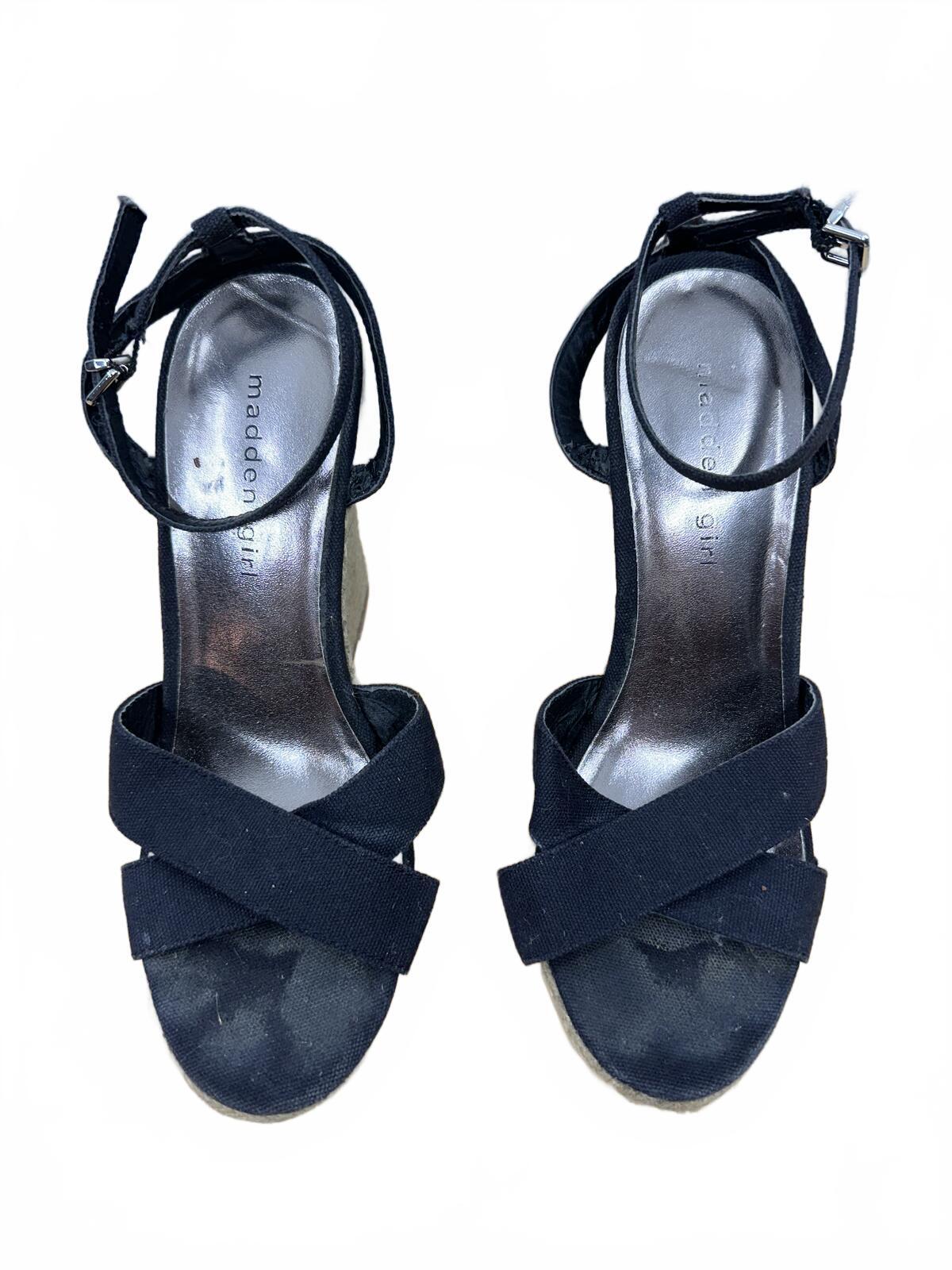 Madden Girl Black Fabric Crisscross Wedge Sandals Natural Woven Heel