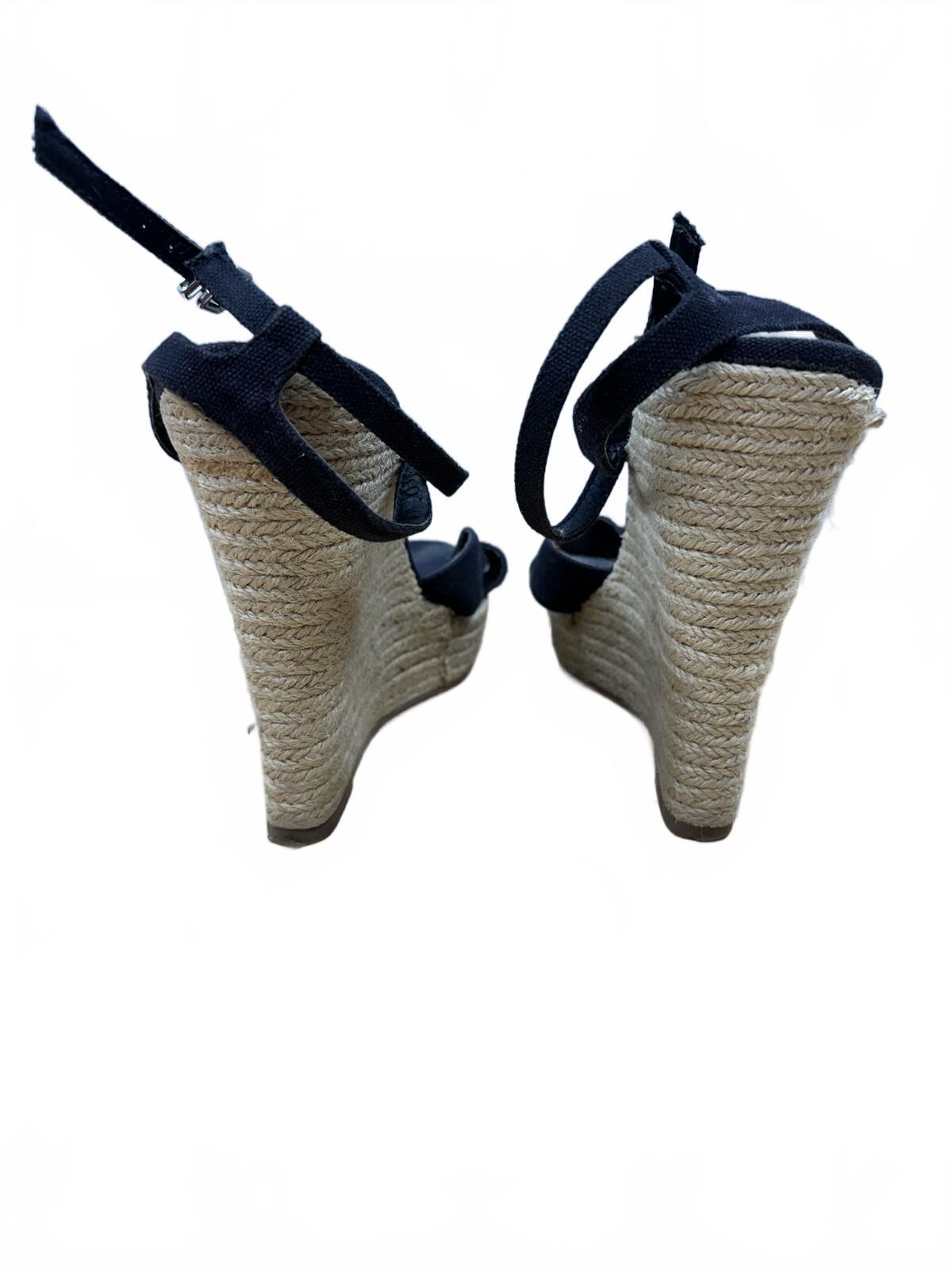 Madden Girl Black Fabric Crisscross Wedge Sandals Natural Woven Heel