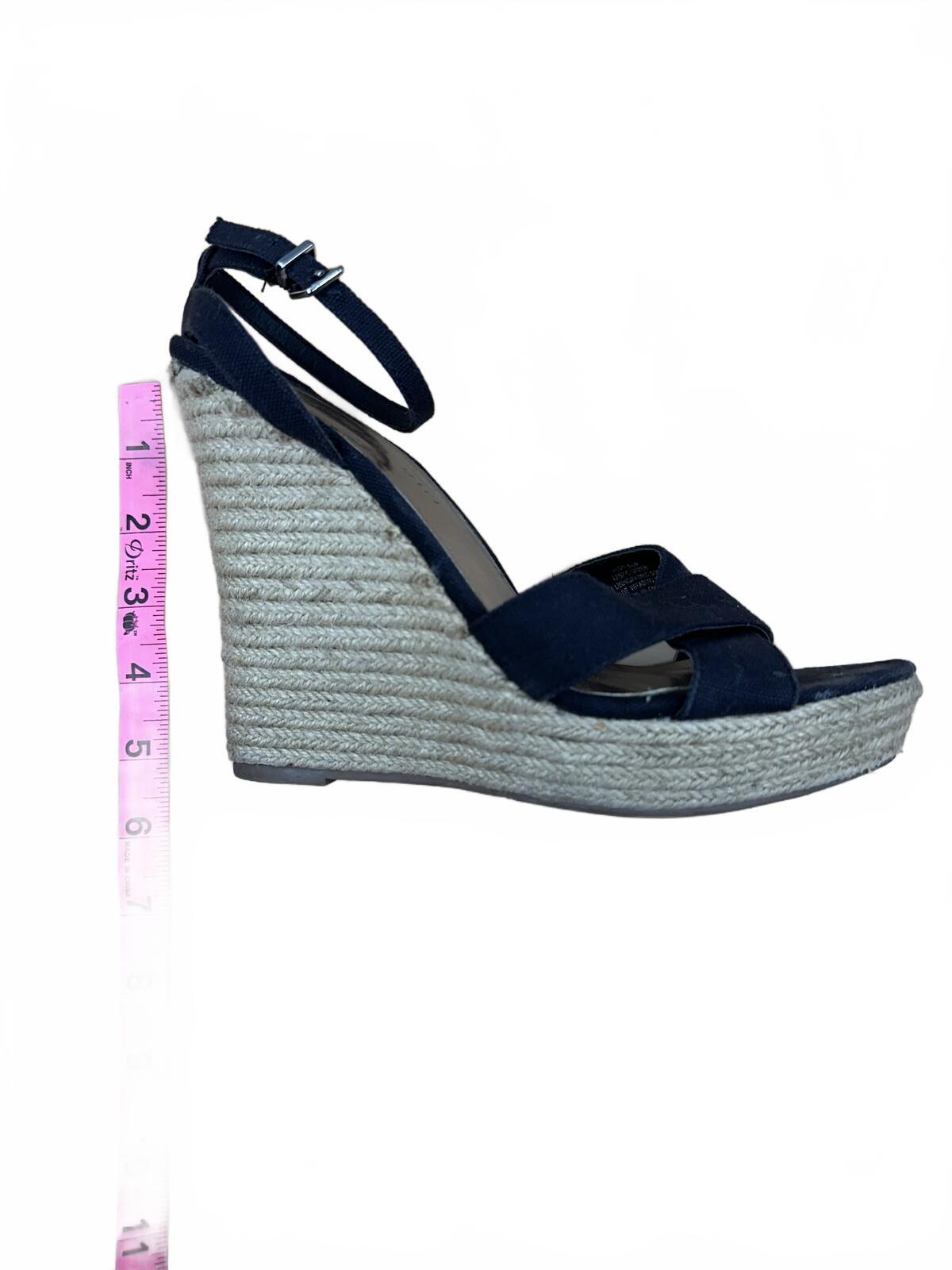 Madden Girl Black Fabric Crisscross Wedge Sandals Natural Woven Heel