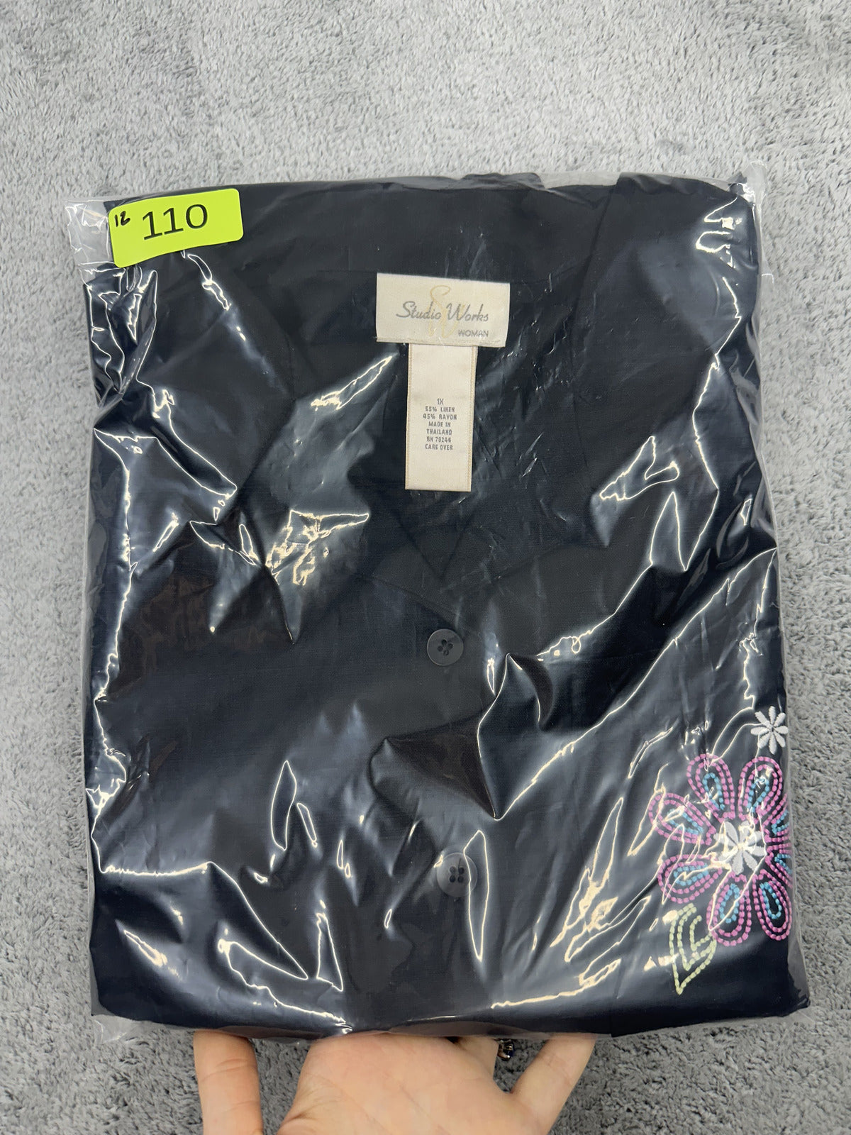 Studio Works Black Embroidered Floral Button Down Camp Shirt