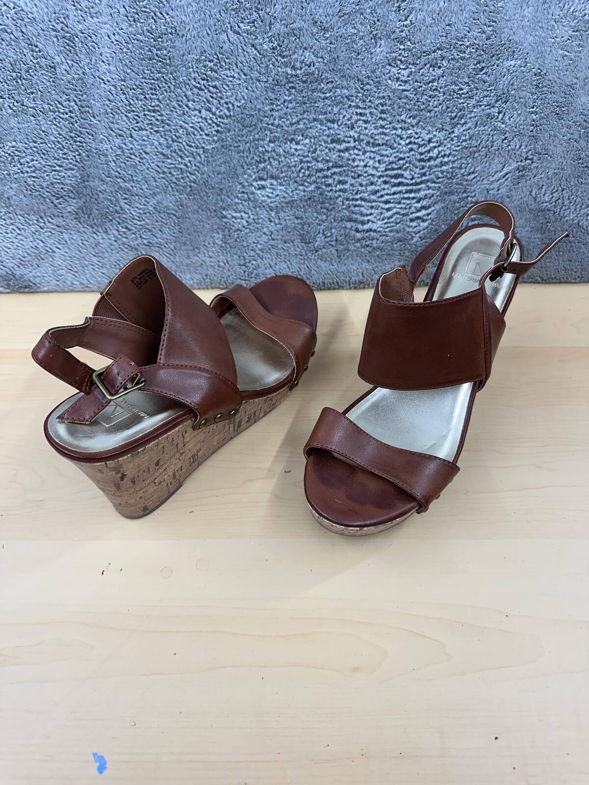 Material Girl Brown Faux Leather Wedge Sandals Cork Heel Casual Summer