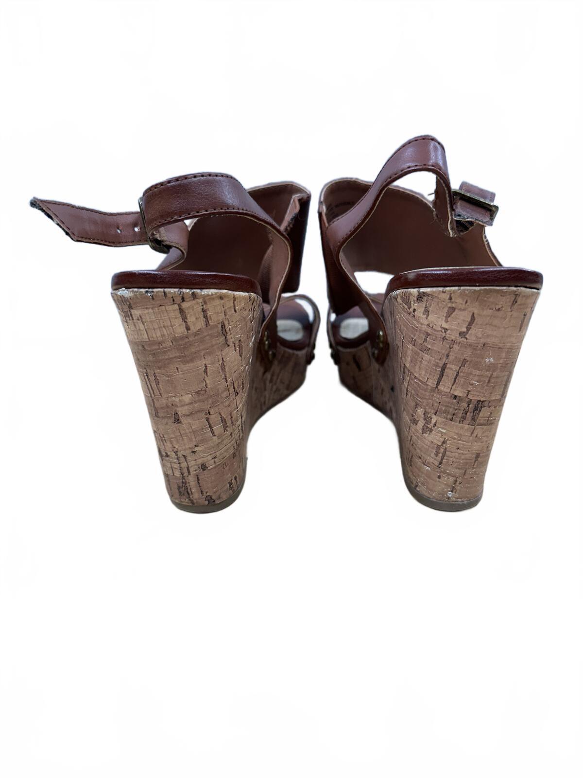 Material Girl Brown Faux Leather Wedge Sandals Cork Heel Casual Summer