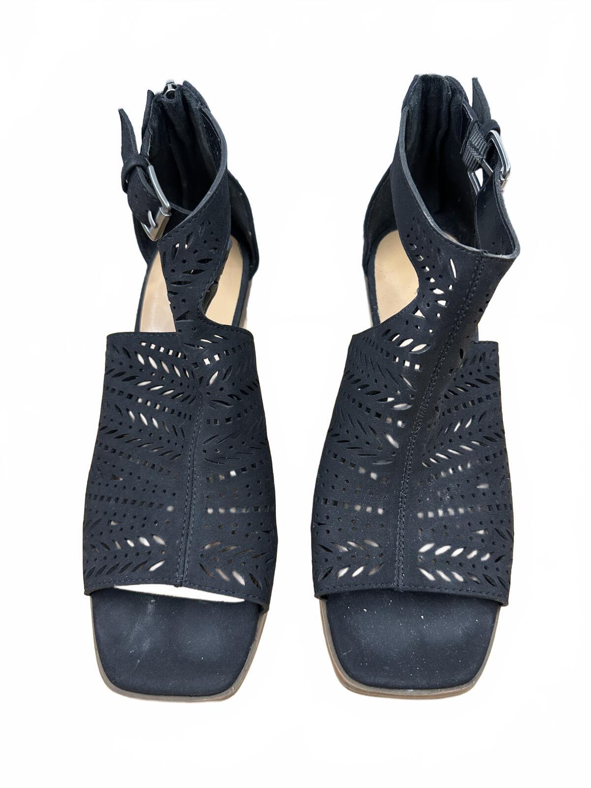 Indigo Rd. Black Laser Cut Block Heel Sandals Contemporary Bohemian