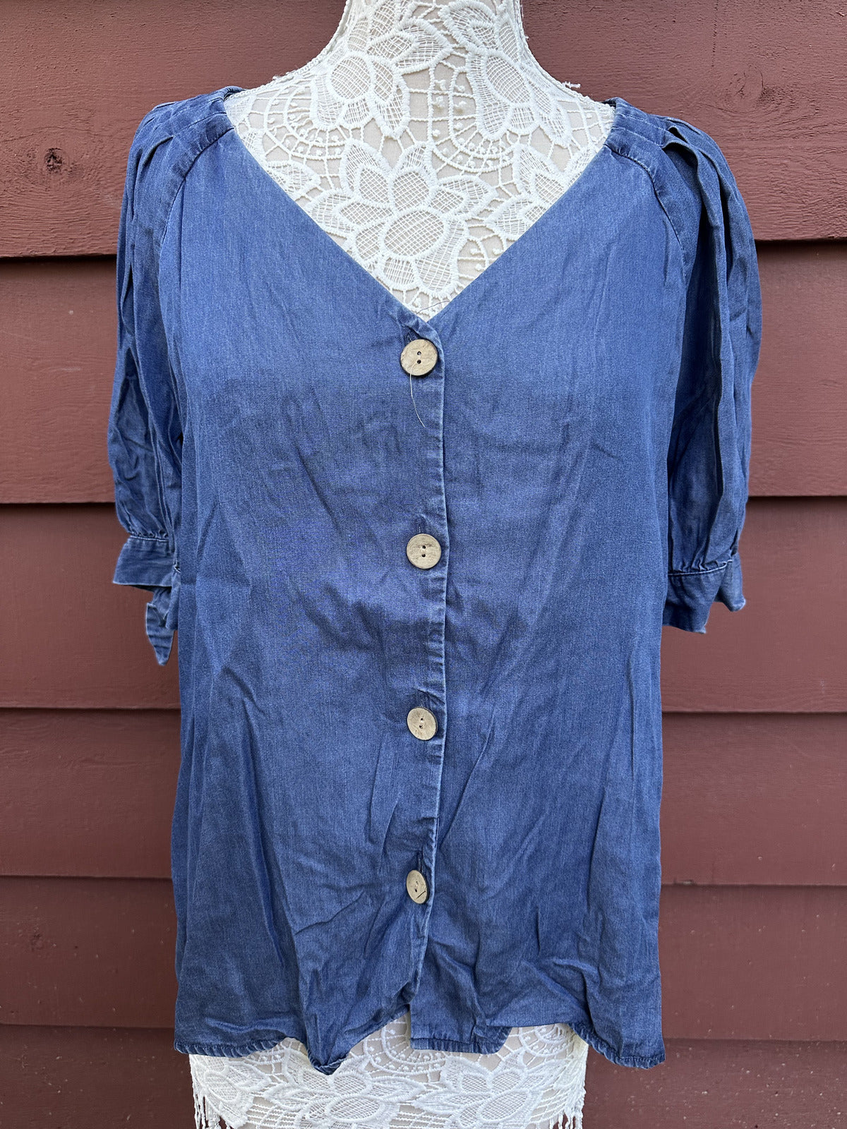 Lauren Conrad Denim V Neck Button Up Puff Sleeve Blouse